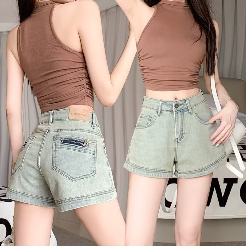 American Style Hot Girl Denim Shorts Girls Summer 2024 New High Waist Elastic Slimming Straight A- word All-match Hot Pants