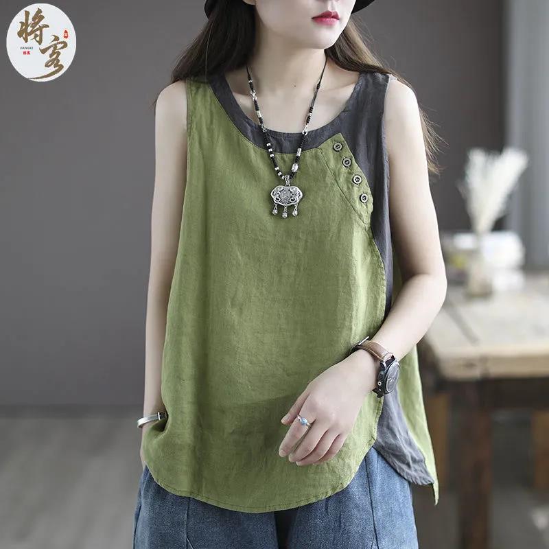 100 Cotton Linen 2021 Summer New Loose Camisole Women's Thin Asymmetrical Top with Buttons Decoration Stitching