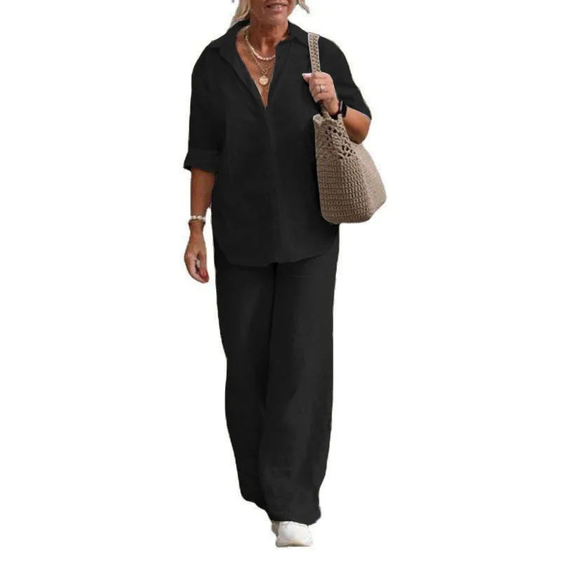 Picture of European and American Cross-Border Women's Two-Piece Set for Women 2024 Lapel Long-Sleeved Shirt Spring and Autum Casual Pure Color Pants Wide-Leg Suit