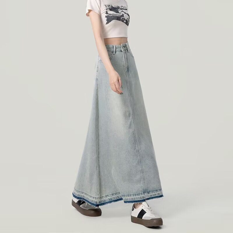 Fresh Retro Denim Skirt Women's 2024 Summer New Hong Kong Style Retro Split High Waist A- Line Long Skirt