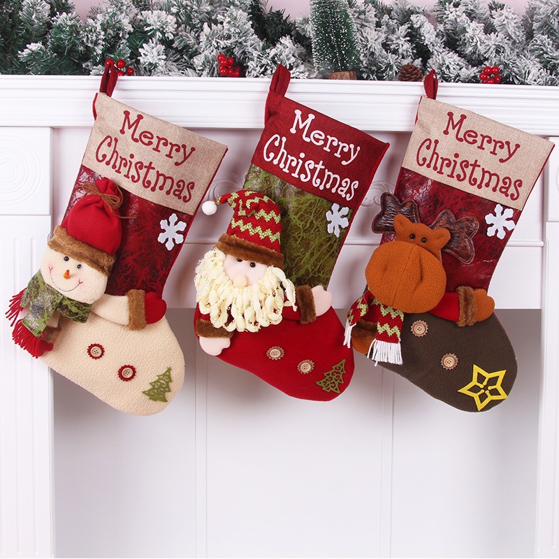 Cross-border Christmas supplies imitation leather socks gift bag machine embroidered socks head gift bag Christmas decoration candy socks