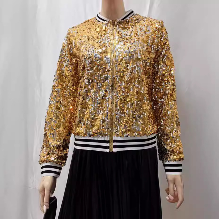 European and American Cross-Border New Women's Tops Amazon Fashion Gold Sequin Personalized Short Zipper Jacket for Women