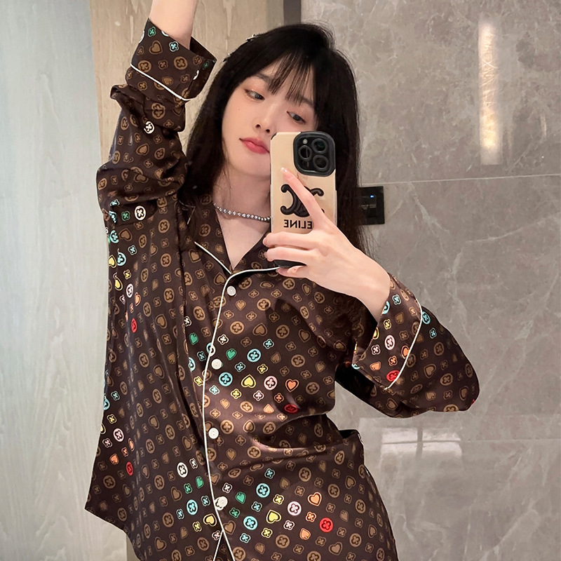 [Paris holiday] light luxury style Spring and Autumn new pajamas Women's Ice Silk high-grade long-sleeved trousers plus size homewear
