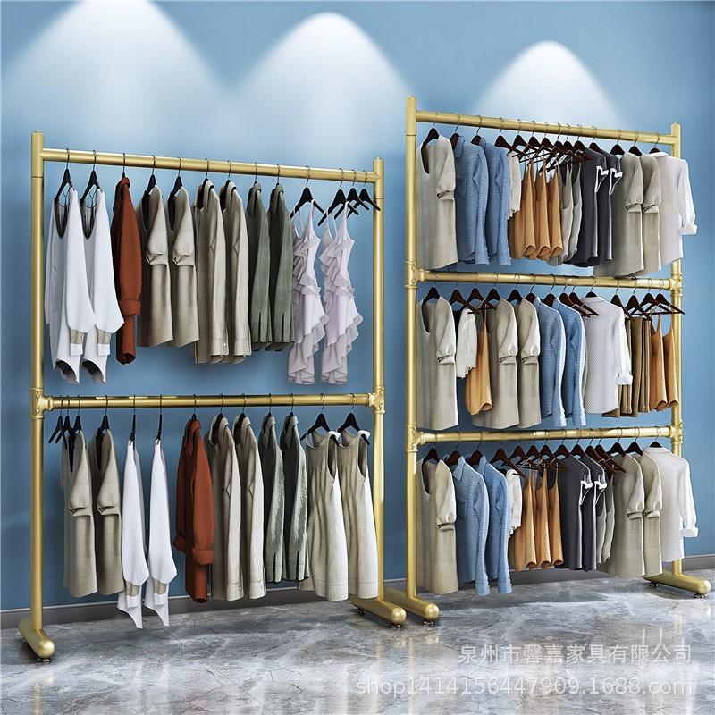 New Clothing Store Double-Layer Floor-Standing Adjustable Display Rack Children's Clothing Double-Pole Clothes Hanger Adjustable Balcony Clothes Drying Rack