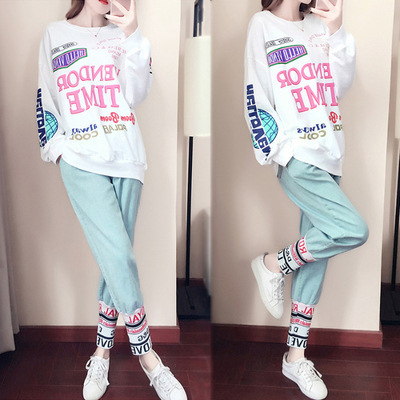 Two pieces suit women's sports casual hip hop sweater fashion Korean style loose internet celebrity suit women