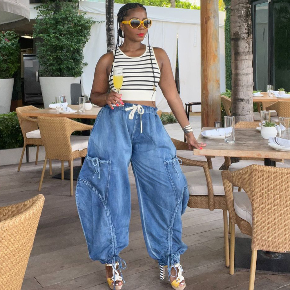 European and American women's loose jeans Amazon cross-border women's street casual pleated lace-up elastic waist harem pants