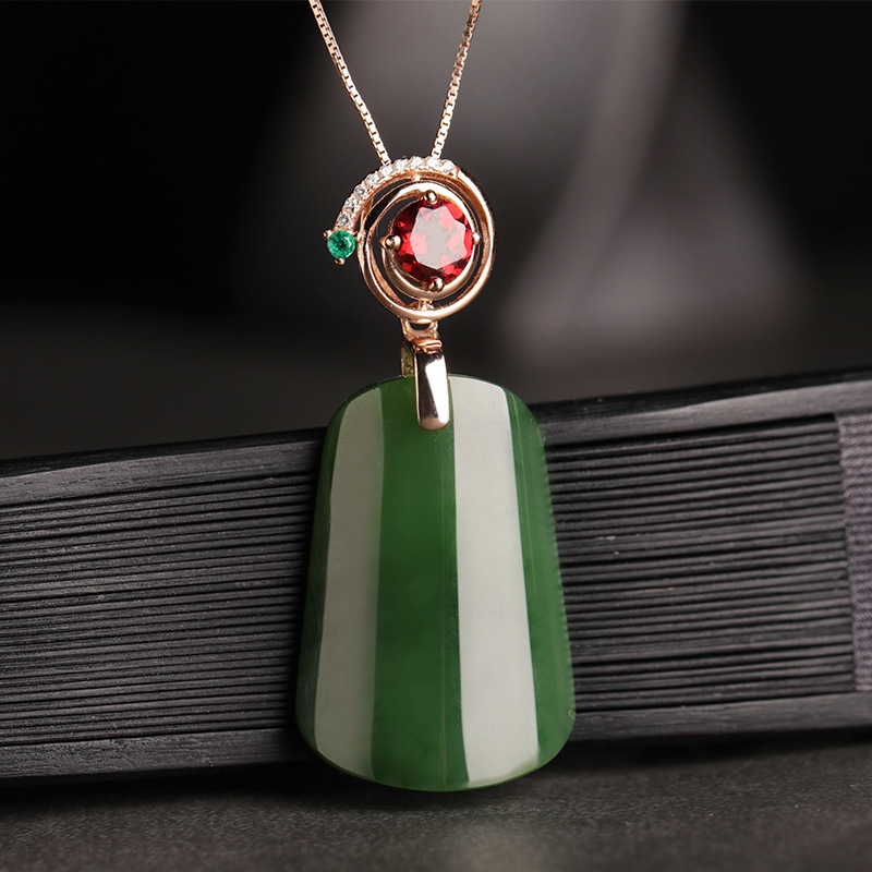 Wholesale Hetian Jade Pendant with Certificate 925 Silver Plated Rose Gold Inlaid Garnet Jasper Brand Pendant Clavicle Chain for Women