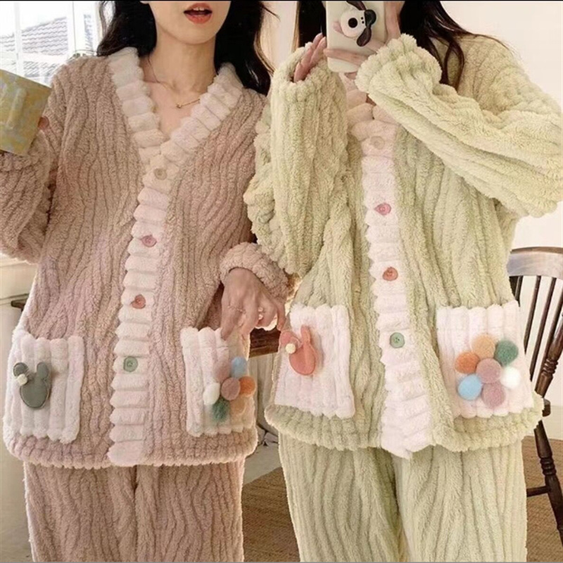 Autumn and Winter New Rainbow Cardigan Pajamas Set Home Clothes Women's Coral Velvet Thickeneded Warm Confinement Clothes Two-Piece Set