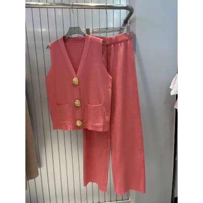 Picture of European Goods Light Luxury Contrast Color Large Gold Button Knitted Cardigan Women's Summer Loose Wide Leg Pants Stylish Fashionable Two-piece Suit Fashion