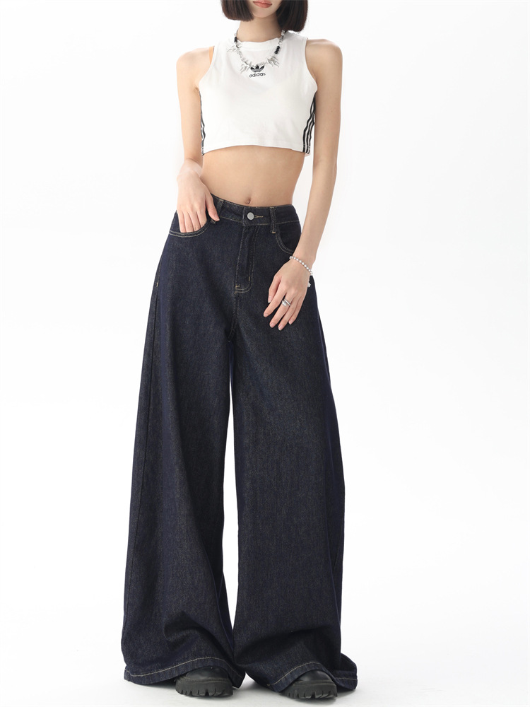 2025 Spring and Autumn New Product Retro Dark Blue Easiest for Match High Waisted Large Wide Leg Jeans Women's Loose Drape Floor-Mopping Pants