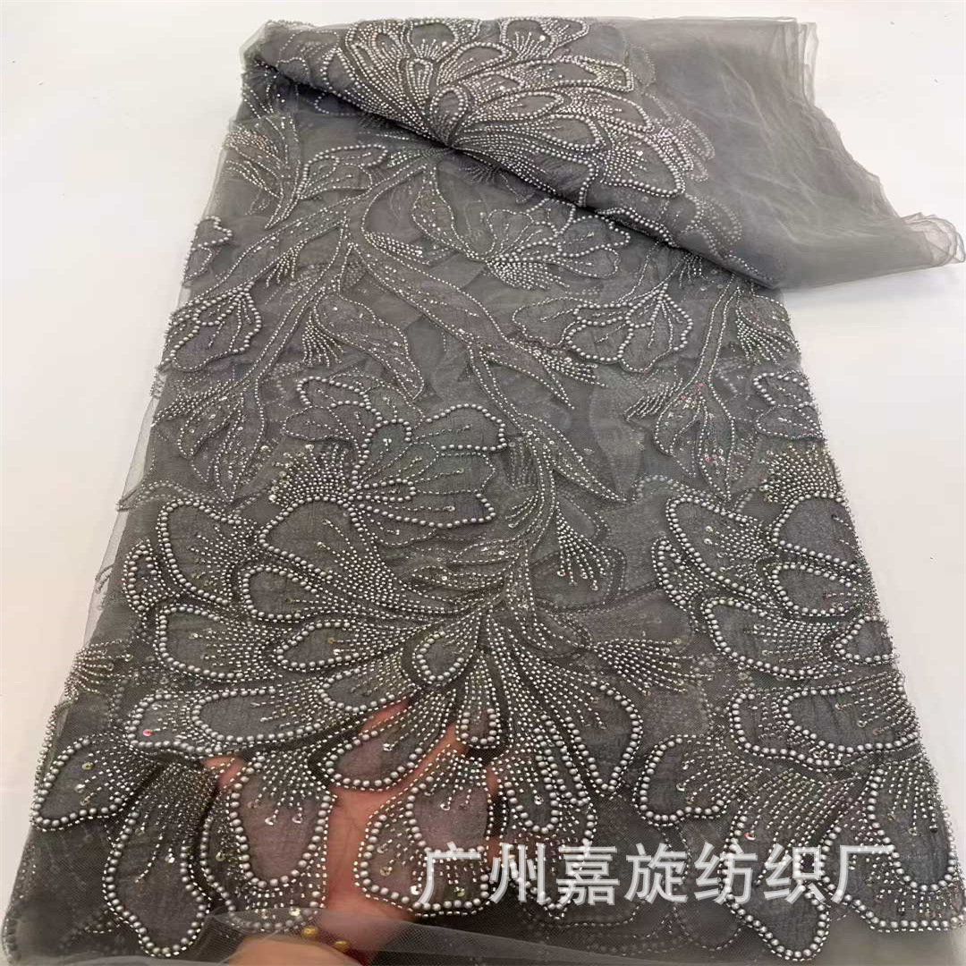 Picture of New Double-Layer Patchwork Embroidered Mesh Fabric with Beads and Tube Beads for Wedding Dresses and Evening Gowns