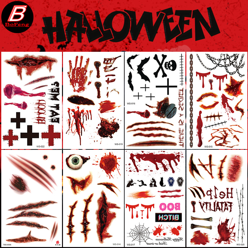 New Halloween Tattoo Funny Scar Waterproof Simulation Tattoo Sticker Bloody Horror Scar Tattoo Face Sticker