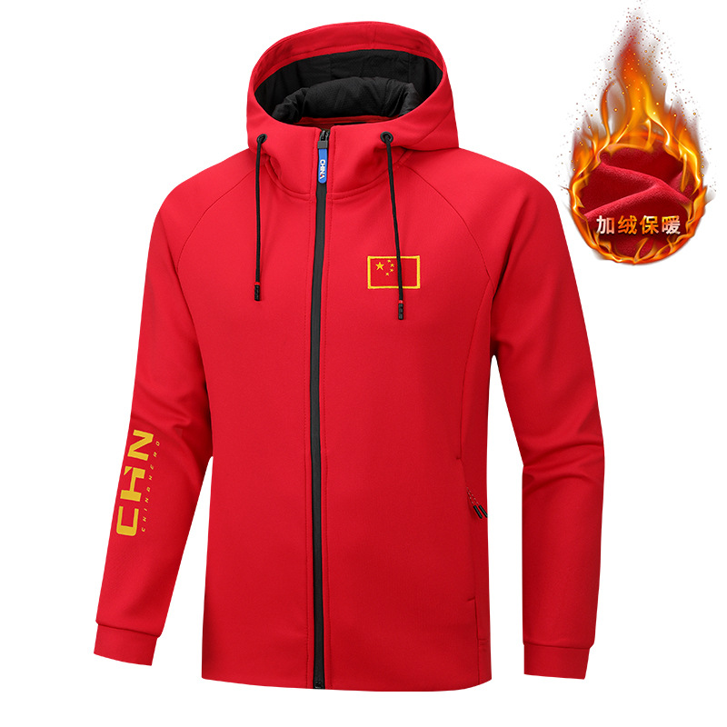 Autumn and Winter Velvet Hooded Chinese Team Jackets for Men and Women Sports Students Training Warm Tops Coach Clothing Custom Wholesale