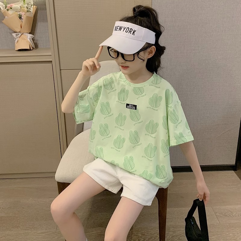 Girls Short-Sleeved T-Shirt Summer Wear 2025 New Korean Style Kidsren's Big Kidsren's Thin Fashionable Tops Kidsren's Clothing Trendy Brand