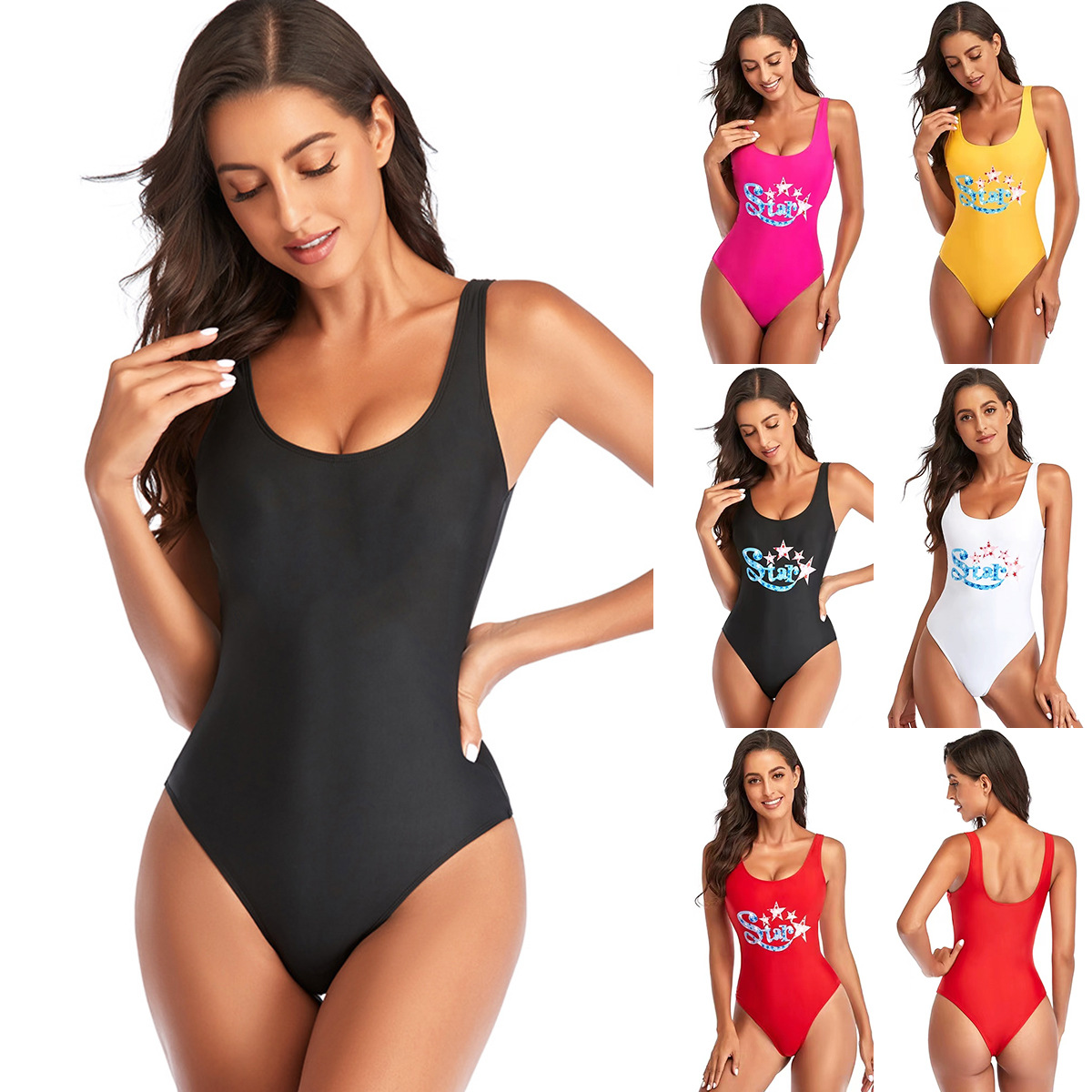 European and American Export New Tight Swimwear for Women Amazon Multi-Color Simple One-Piece Leaky Back Sexy Swimsuit for Women