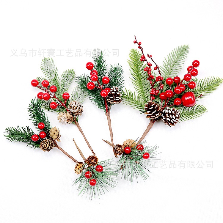 Simulated Christmas Pine Cone Branches, Snowflakes, Pine Needles, Berry Branches, Cross-Border Holiday Decorations, Simulated Plants, Red Fruit Berry Branches