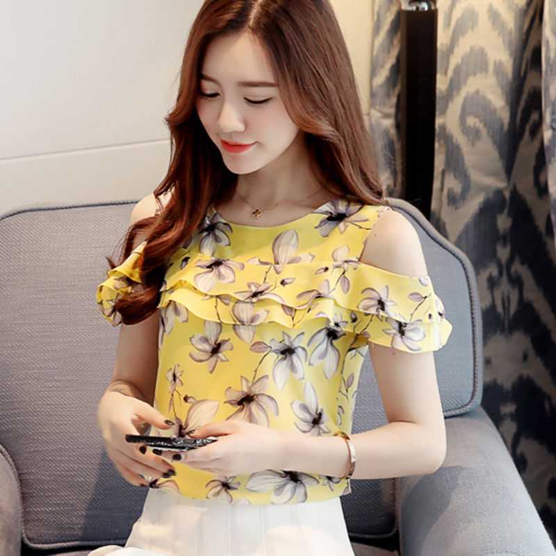 Summer New Short-sleeved Women's Floral Chiffon Shirt Fairy Elegant Sweet Off-shoulder Off-shoulder Top Slim Shirt Trendy