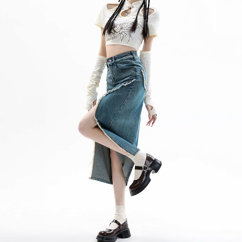 Spring New High Waist Slimming Retro Irregular Split Denim Skirt Women's Fur Design Mid-length Skirt