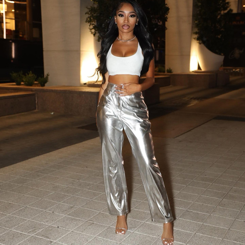 Cross-border foreign trade European and American women's clothing Spring and Autumn New Fashion casual candy color bright PU leather loose straight trousers