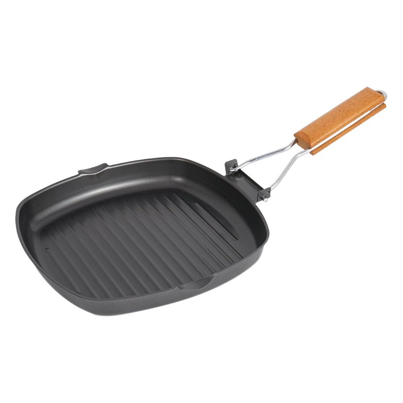 Picture of Outdoor Barbecue Plate Picnic Foldableable Portable Pot Frying Pan Cast Iron Pot Baking Pan Anti-Scalding Wooden Handle Double Mouth Deep Steak Pot