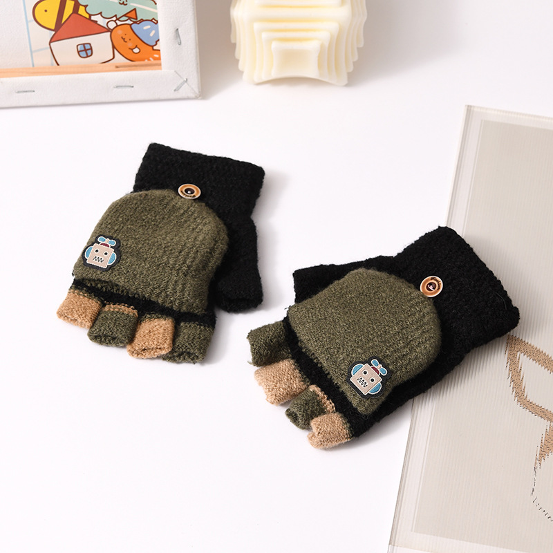 Picture of Children's flip gloves autumn and winter boys half finger warm cute Primary School students writing knitted dual-purpose gloves wholesale