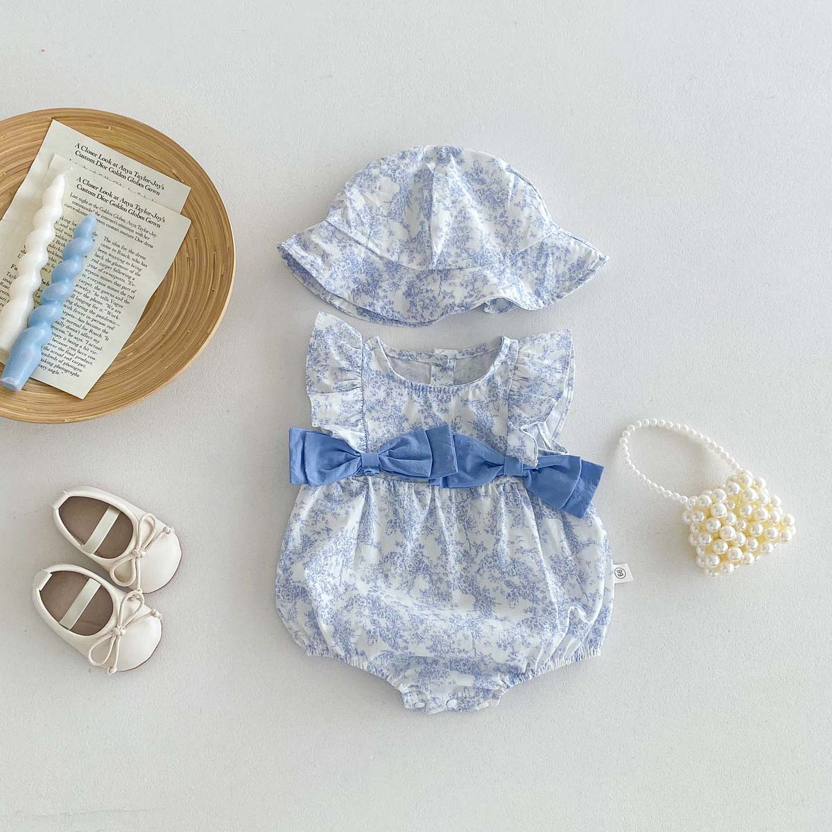 Baby Summer Jumpsuit Western Style Floral Girl Baby Sweet Flying Sleeve Thin Wrap Fat Clothes Hare Bow Clothes