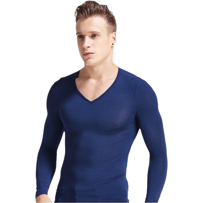 Men's Thermal Underwear V-Neck Round Neck Thin Autumn Clothes Slim-Fit Long-Sleeved Base Shirt Autumn Men's Top Autumn and Winter