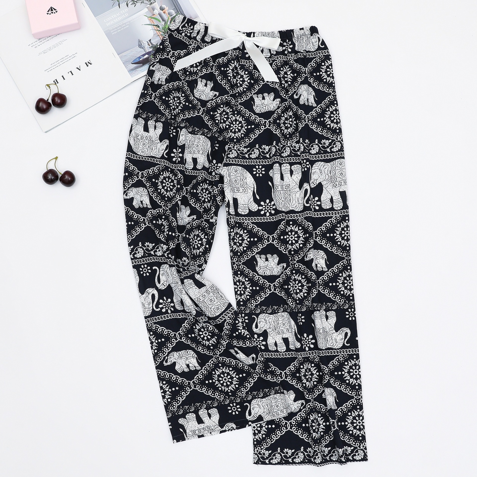 Picture of Cotton Silk Pajama Pants Women's Summer Thin Black and White Cartoon Style Wide Leg Pants Large Size Loose Outer Wearing Foreign Trade Beach Pants