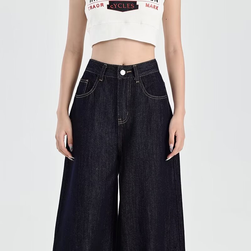 Summer Thin American Style dark blue Jeans Women's 2024 New Style Small High Waist Slimming Straight Loose Wide Leg Pants
