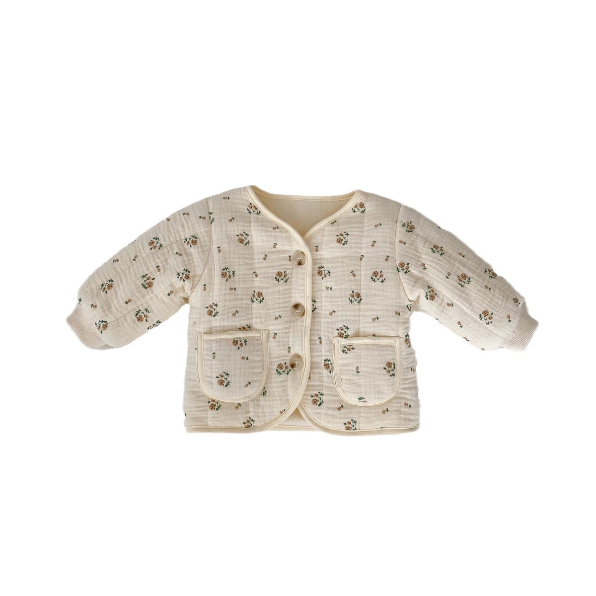 Picture of ins Korean style winter baby V-neck quilted jacket girl baby floral cardigan cotton-padded jacket thickened warm cotton-padded coat