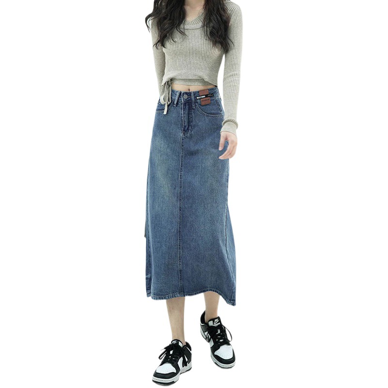 Leather Brand Back Split Denim Skirt Women's Summer Ins New High Waist Retro A- line Casual Hip Mid-length Skirt