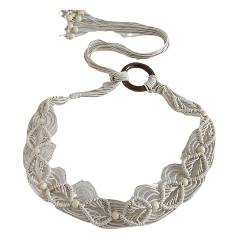 Bohemian Style Wax Rope Woven Knot Ethnic Style Handmade Wooden Beads Women's Belt Leisure Vacation Style Exquisite Waist Rope
