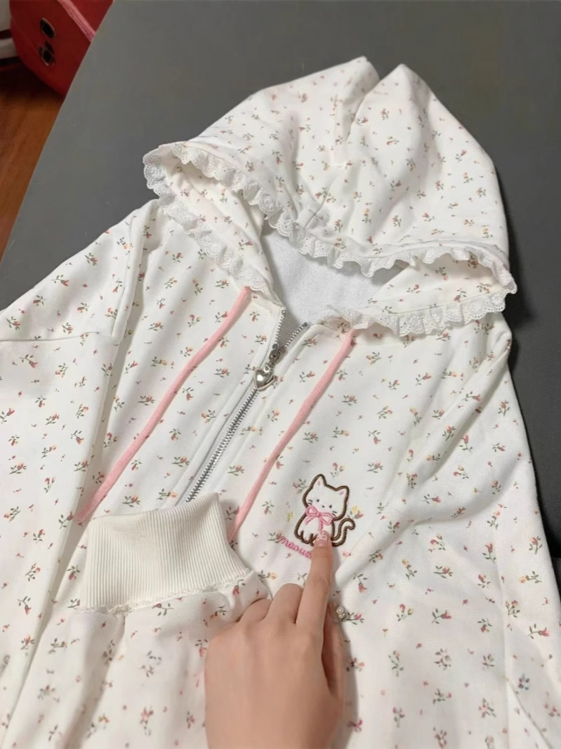 Picture of Thin kitten floral long sleeve zipper sweater hooded coat women's spring and summer Japanese cute cardigan loose top
