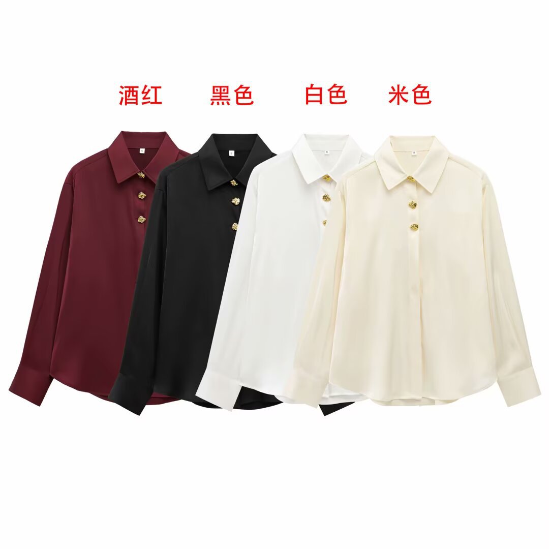 ZA cross-border women's clothing wholesale European and American style early spring temperament commuter gold single-breasted long sleeve shirt 2138748