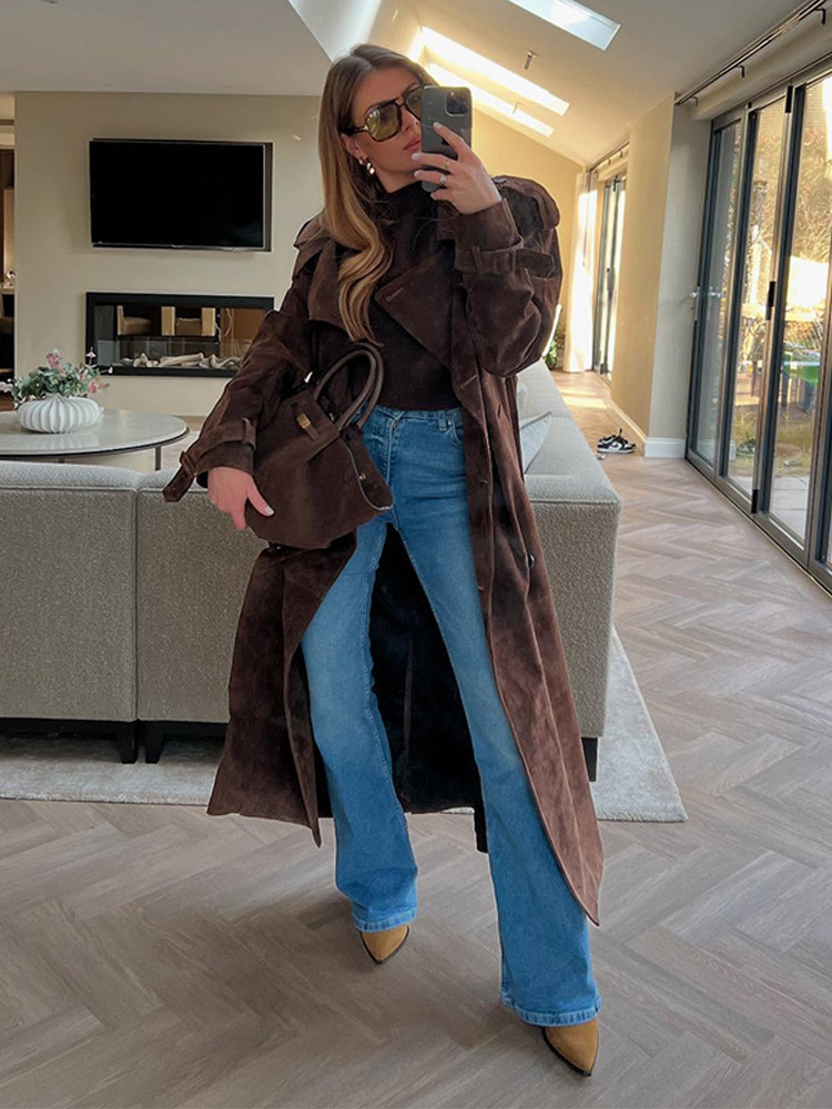 Picture of 2025 Amazon Cross-Border Autumn and Winter New Dark Brown Suede Lace-Up Coat Trench Coat Women's Slimming Jacket