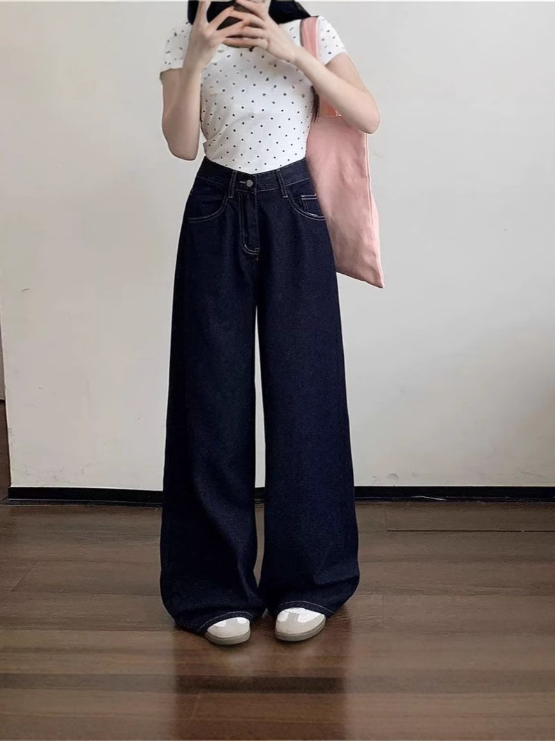 dark blue High Waist Denim Pants Women's American Style Laid-back New Loose Pear-shaped Wide Leg Pants