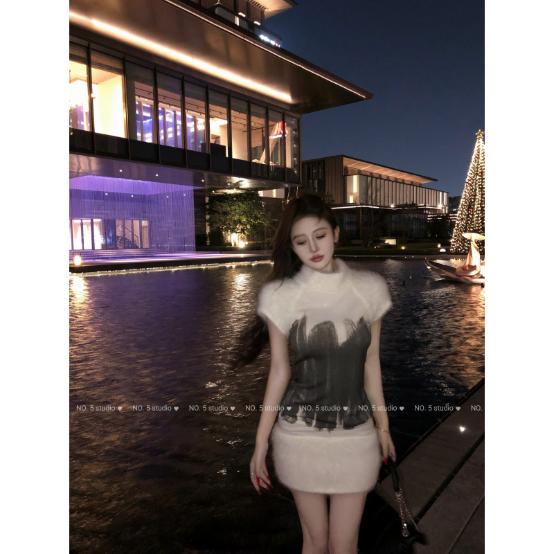 Real shot real price furry slim socialite expensive short sleeve short skirt ancient early style knitted dress