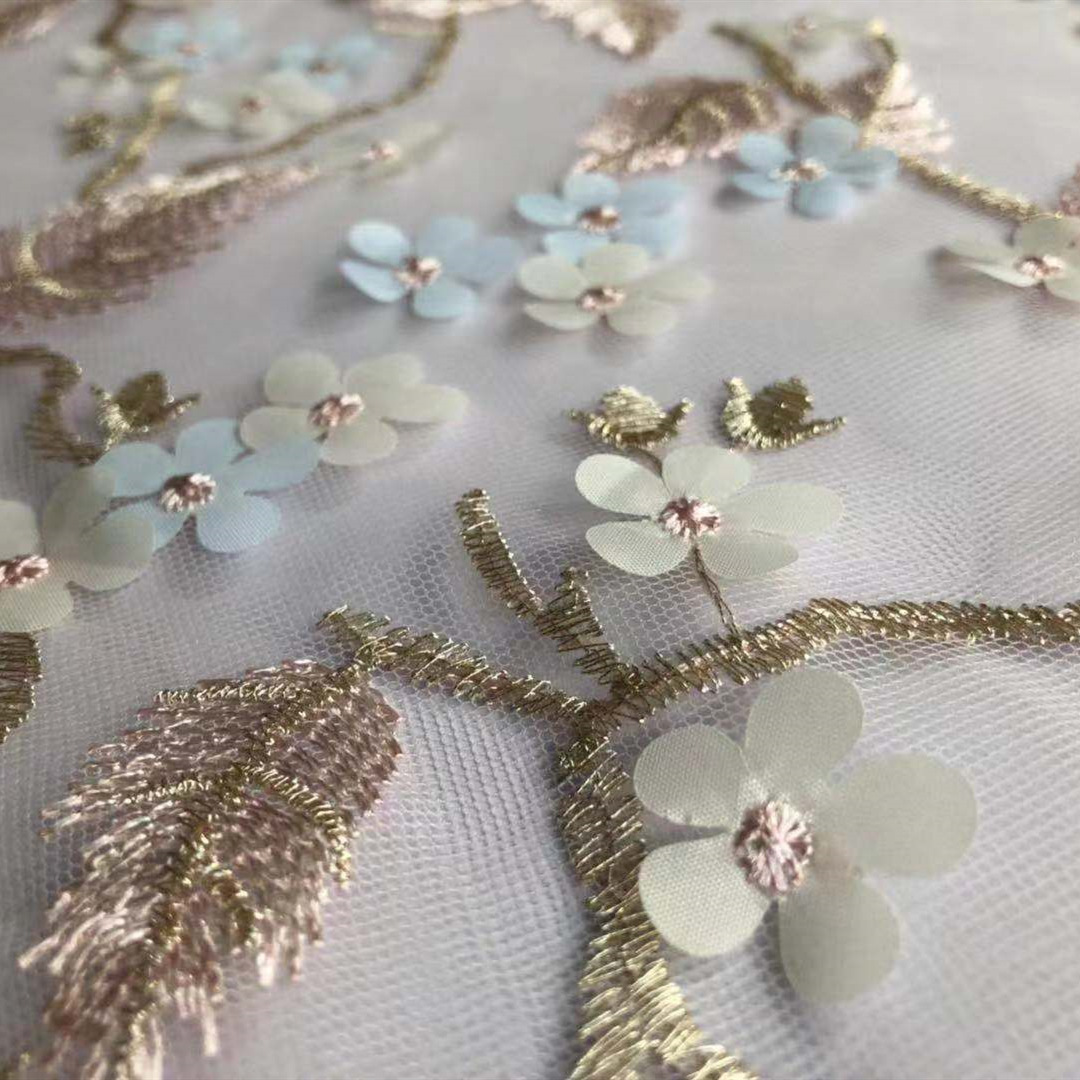 Picture of New Mesh Three-dimensional Embroidery Cloth Wholesale Blue Stacked Embroidery Dress Dress Hood 3d Embroidered Fabric