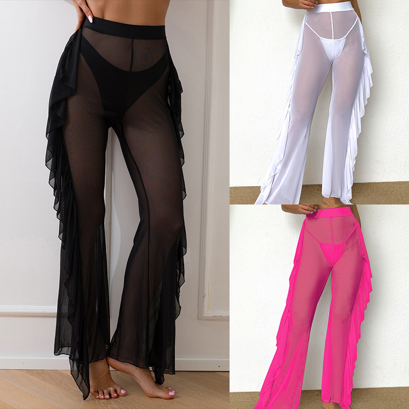 2024 New Cross-border European and American Trade Solid Color Mesh Quick-drying Trousers Sexy Bikini Beach Blouse Swimwear Women