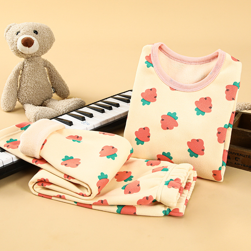 Picture of Fleece-lined children's thermal underwear boys' thickened autumn clothes long pants suit girls' pajamas children's autumn and winter