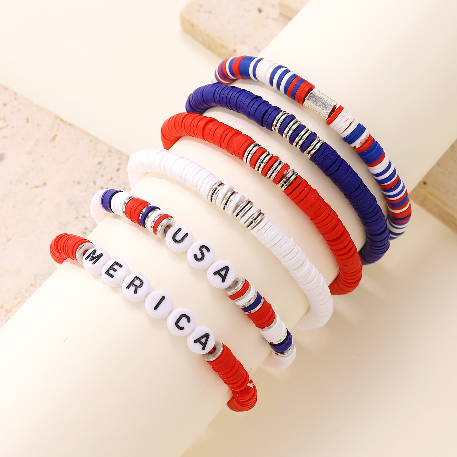 Picture of American Independence Day Bracelet suit Soft Pottery Beaded Letter Bow Love Personalized Fashion Multi-layer Bracelet for Women