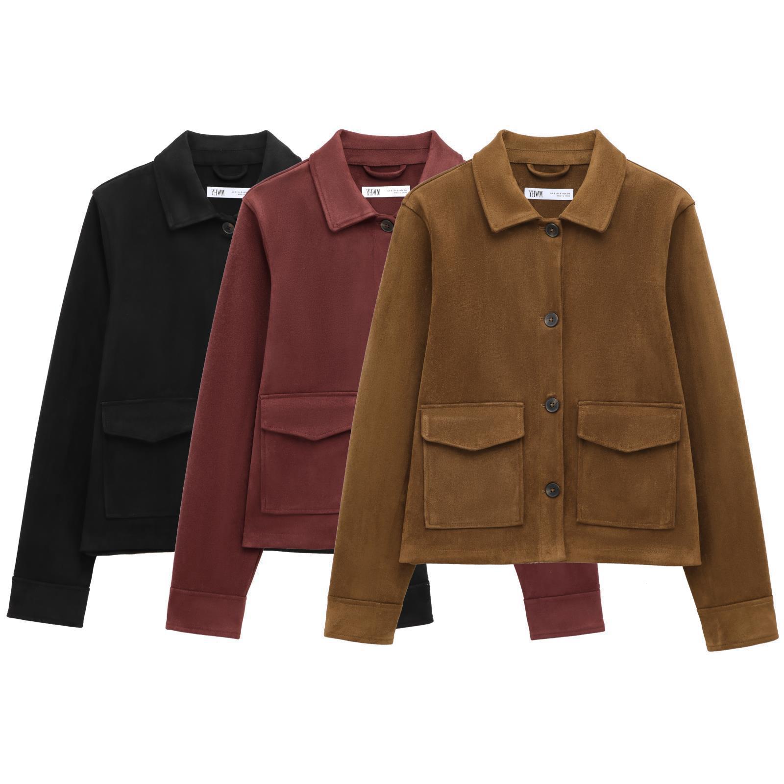 Picture of Simple Retro Suede Jacket Simple Retro Double Flap Pocket Pants Suede Jacket Women's Long Sleeve Single Breasted