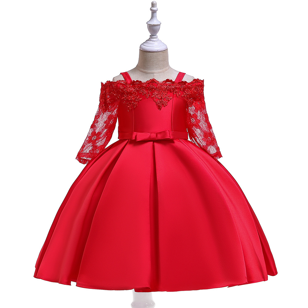 Picture of 2024 cross-border new girls' dress off-shoulder lace hollow-out long sleeve princess dress kids dress