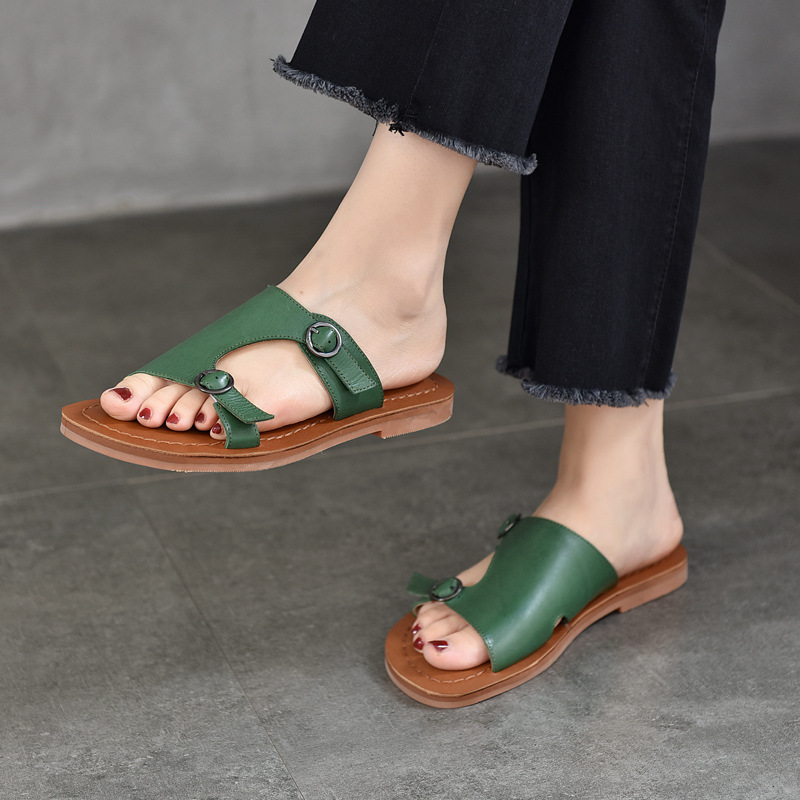 [Event Price 128] Slippers for Women to Wear Outerwear Belt Buckle Hollow Soft Sole Sandals Genuine Leather Open Toe Women's Slippers