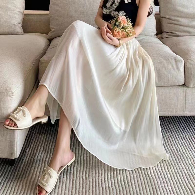 2024 Summer New High Waist Slimming Skirt Women's Mid-length A- line Skirt Casual All-match Pleated Skirt Veil Skirt