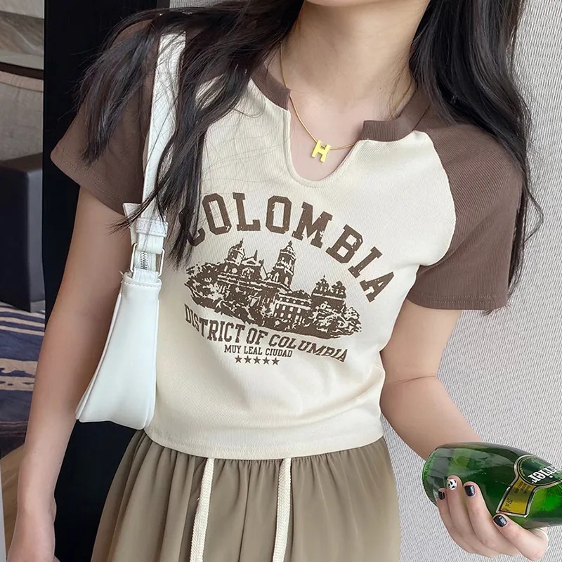 Slimming Shoulder Summer New Letter Short-sleeved T-shirt Women's Korean-style Small V-neck Fashionable Color-matching Niche Casual Printed Top
