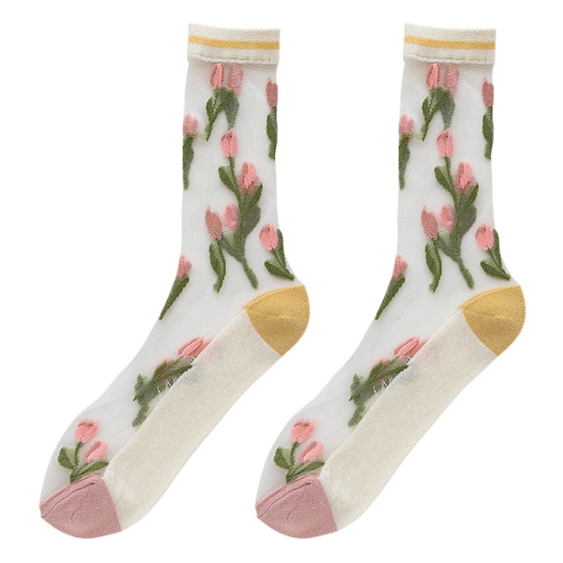 Card Silk Stockings Spring and Summer High Color Value Ultra-thin Tulip Fairy Style Transparent Crystal Glass Silk Women's Stockings Trendy Niche