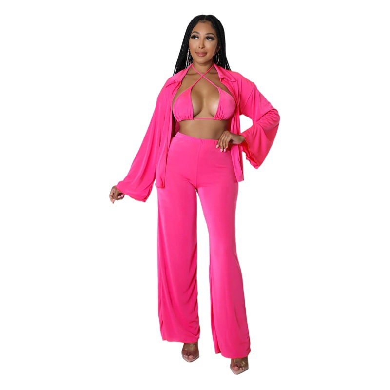 K10175 Amazon Explosions Cross-border European and American Women's Long Sleeve Bikini Wide Leg Pants Solid Color Casual Fashion suit