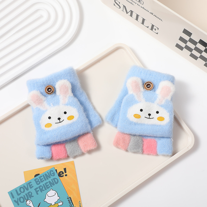Picture of Children's flip gloves autumn and winter boys half finger warm cute Primary School students writing knitted dual-purpose gloves wholesale