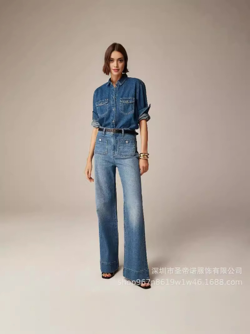 Amazon Cross-border 2024 Women's Summer Wide Leg Pants plus size Denim Casual Pants Shaded Blue Washed Pants